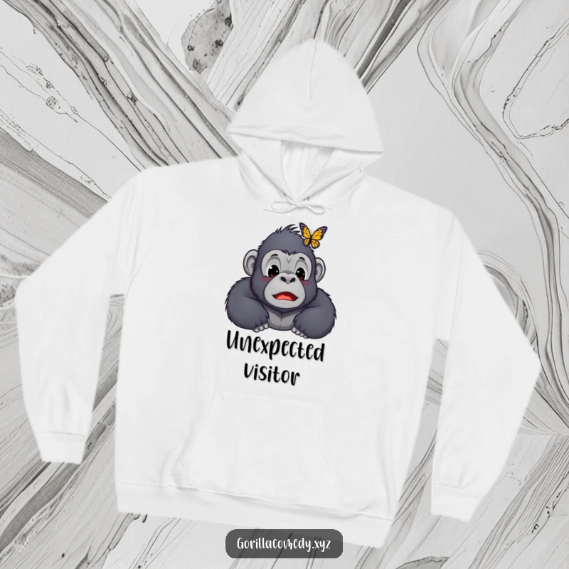 Funny Kawaii gorilla hoodie, showing a surprised ape character with a butterfly perched on its nose, designed for cozy, humorous wear.