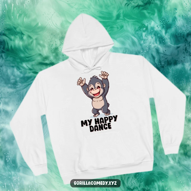 Funny kawaii gorilla hoodie, cheerful character, playful dance, cozy and warm apparel, cute animal design.