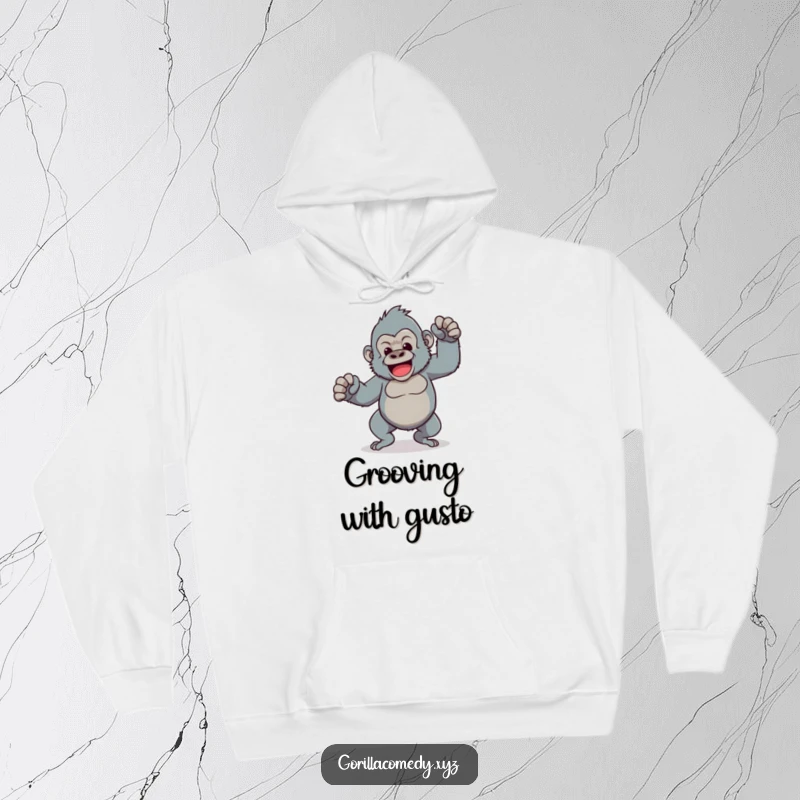 Funny hoodie with a Kawaii gorilla doing a comical dance with wobbly legs, offering warmth and a large dose of silly entertainment.