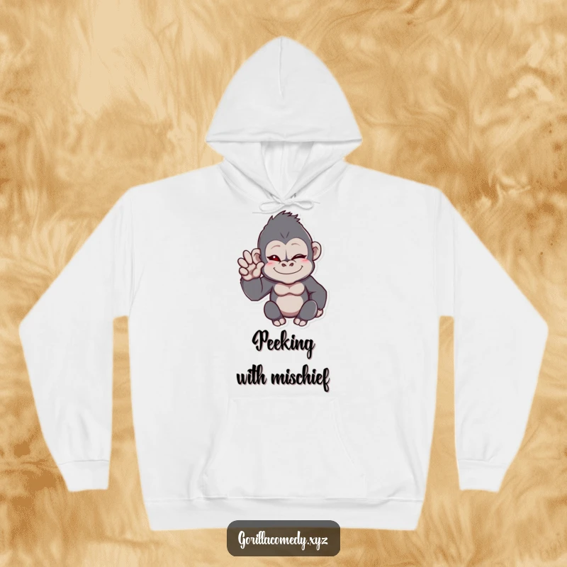 Funny gorilla hoodie with a winking primate giving a friendly hand wave, embodying cheerful greetings and comfortable humor.