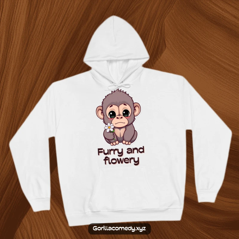Funny gorilla hoodie featuring a wide-eyed, startled ape tenderly holding a minuscule flower, radiating gentle surprise and charm.