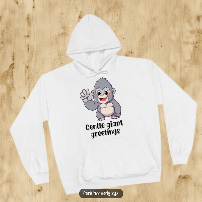 Funny hoodie with a Kawaii gorilla giving a friendly wave, offering warmth and a large dose of adorable, gentle charm.