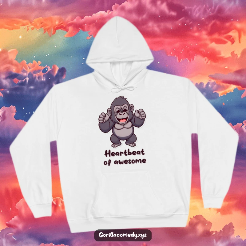 Funny gorilla hoodie featuring a cheerful ape character rhythmically beating its chest with pride, offering warmth and humorous, empowering style.
