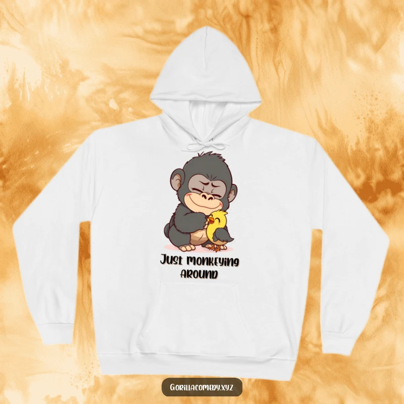 Funny Gorilla Tickling Bird Hoodie: Mischievous gorilla tickling a small bird, offering cozy humor and laughter. A perfect warm funny gift.