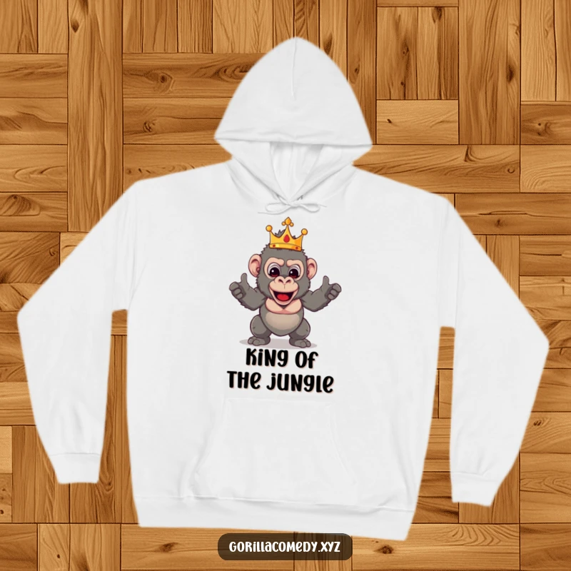 Funny Gorilla King hoodie showcasing a crowned primate in a silly, theatrical pose, offering warmth and humor.