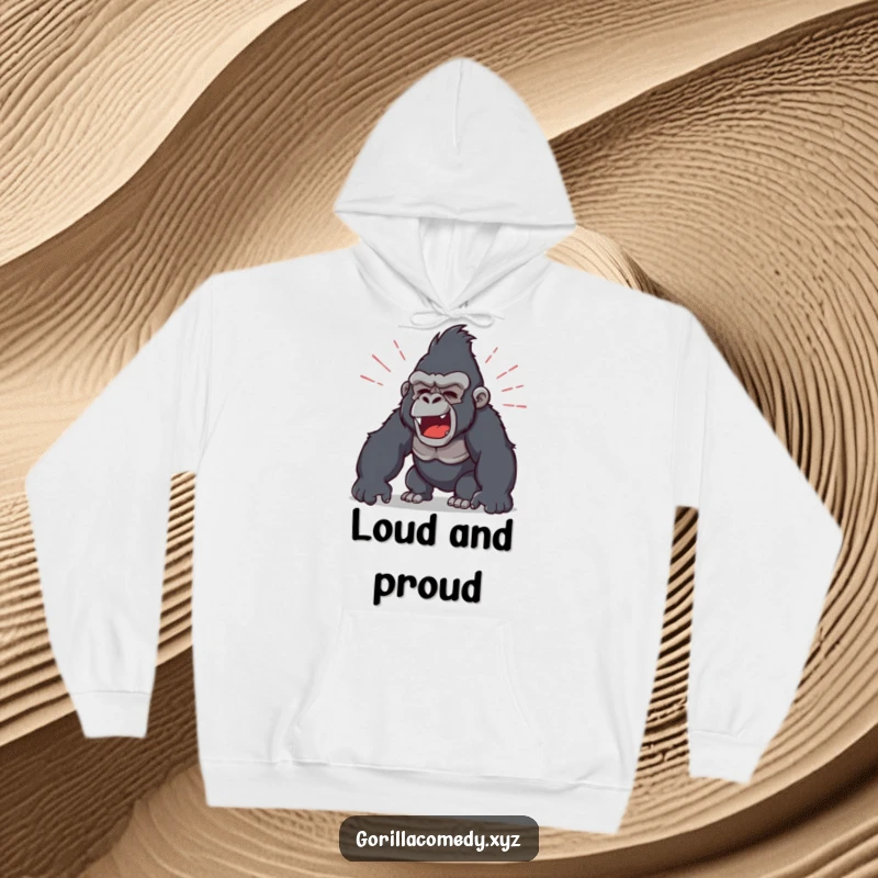 Funny, warm hoodie featuring a gorilla roaring intensely, with prominent sound waves illustrating its powerful and humorous vocalization.