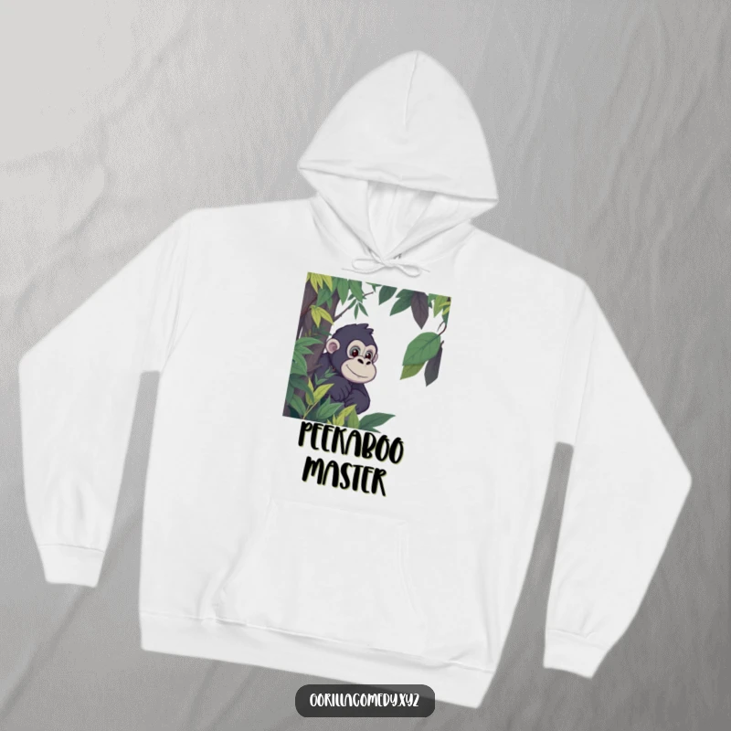 Funny Gorilla Hoodie: Soft hoodie with a cartoon gorilla peeking from dense jungle foliage. Excellent funny gift.
