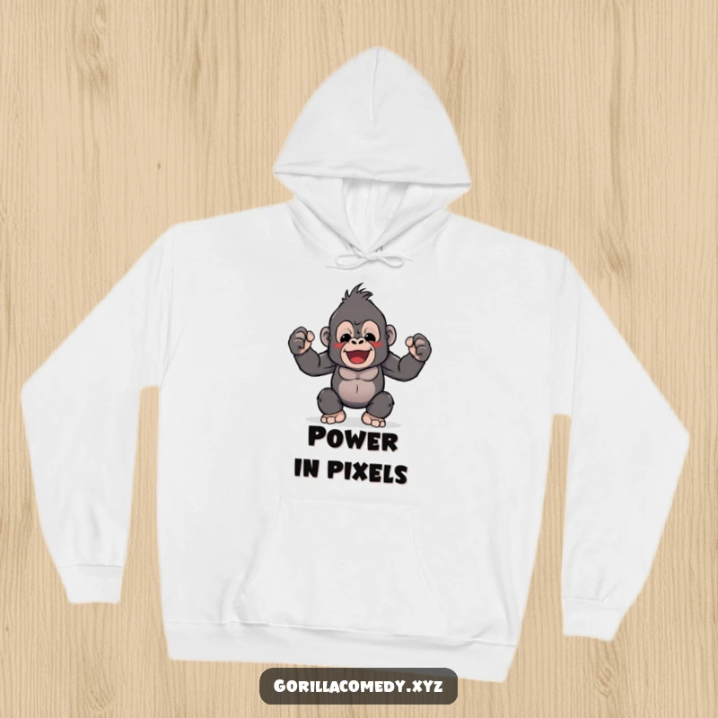 Funny hoodie featuring a cute Kawaii gorilla character playfully flexing its small arm muscles. Comfortable and humorous.