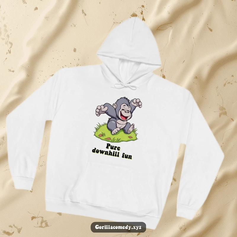 Funny Gorilla Hoodie: Soft hoodie with a stylized gorilla joyfully tumbling down a grassy hill. Excellent funny gift.