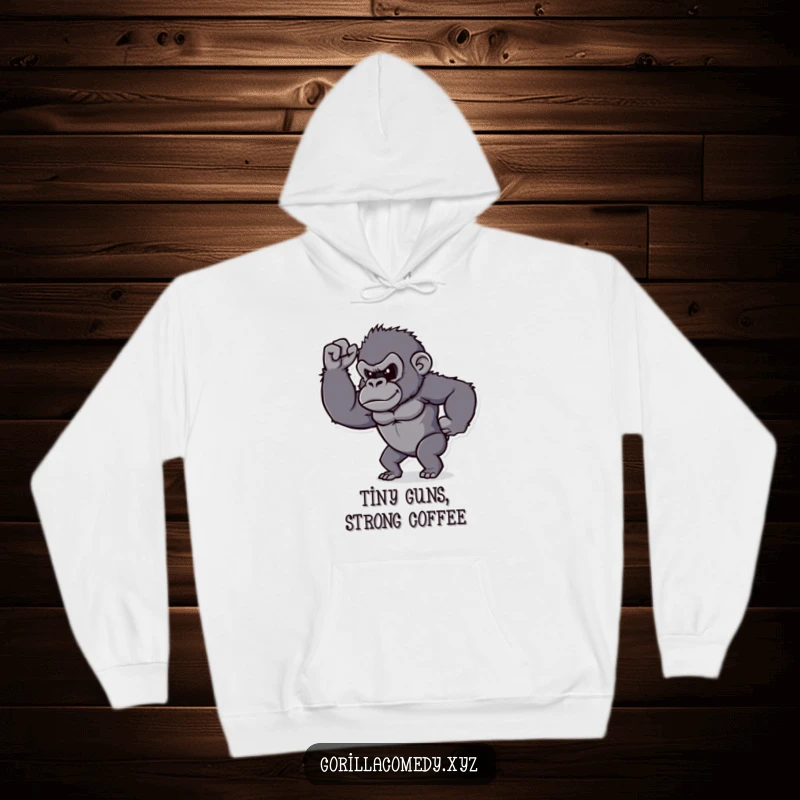Funny gorilla hoodie, determined character proudly flexing its tiny bicep, cozy and humorous design.