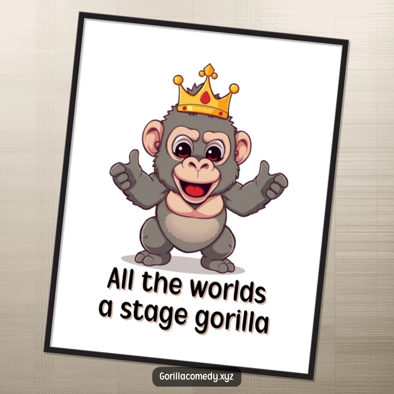 Funny free printable wall art: theatrical gorilla wearing a small crown, striking a dramatic and humorous pose.