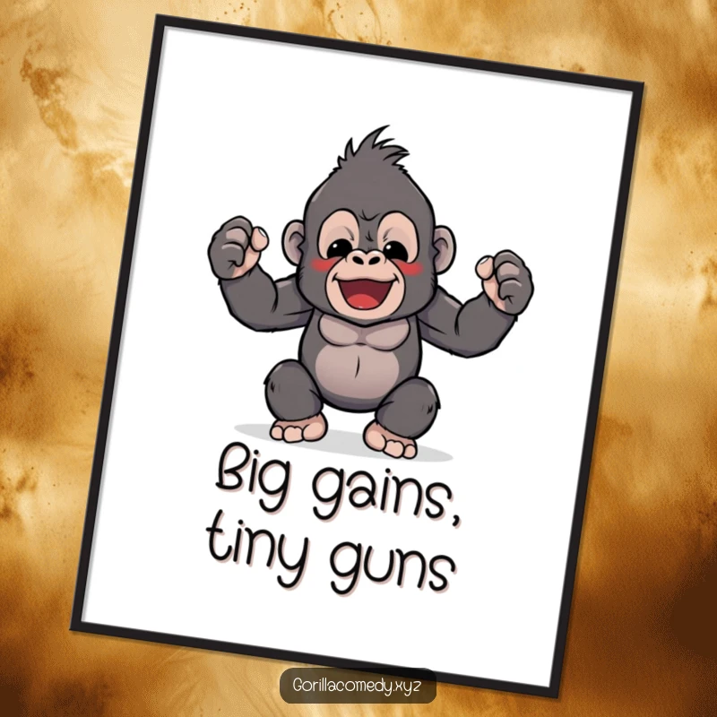 Funny Free Printable Wall Art: Kawaii gorilla character playfully flexing its comically small biceps, adding humorous strength to decor.