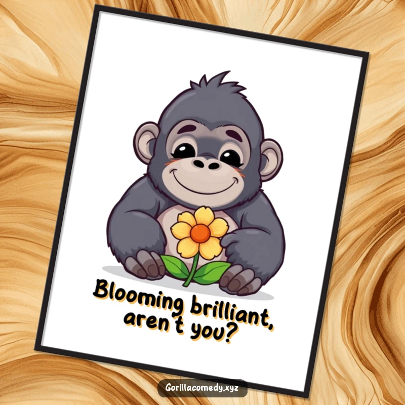 Funny Free Printable Wall Art: Sweet kawaii gorilla character with a peaceful smile holding out a single flower.