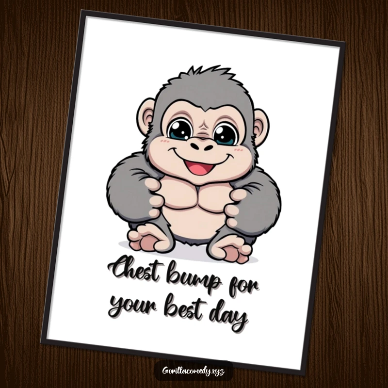 Funny Free Printable wall art of a cheerful gorilla with bright eyes pounding its chest playfully, adding vibrant decor.