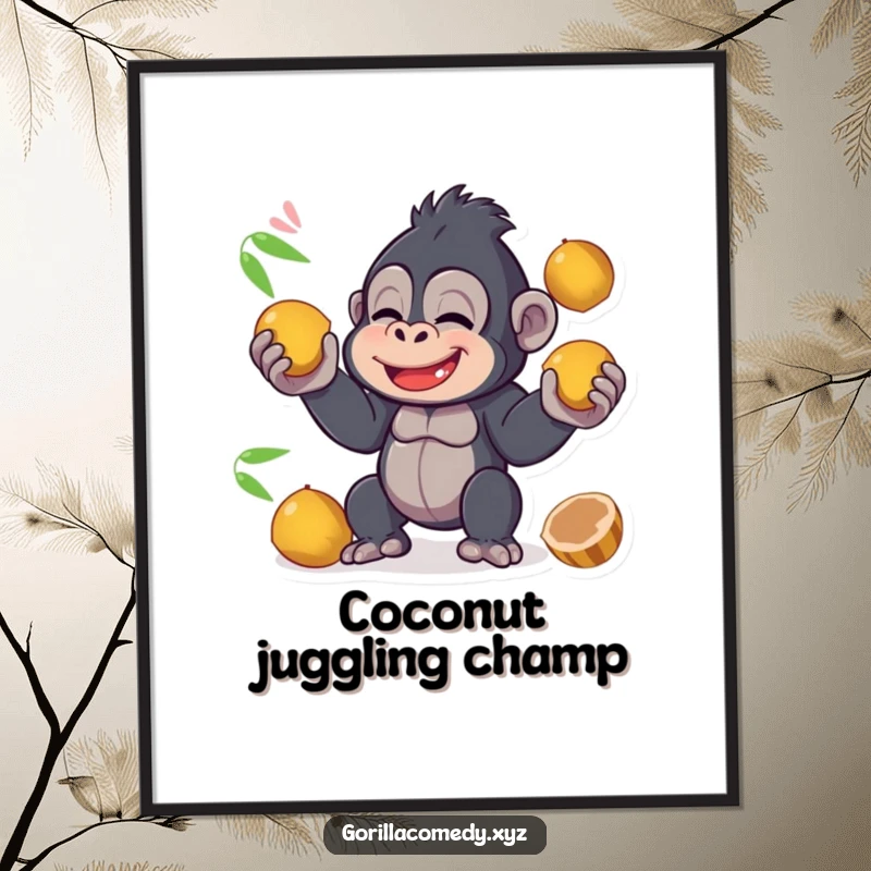 Funny Free Printable Wall Art: Amusing kawaii gorilla character giggling while juggling several coconuts with skill.