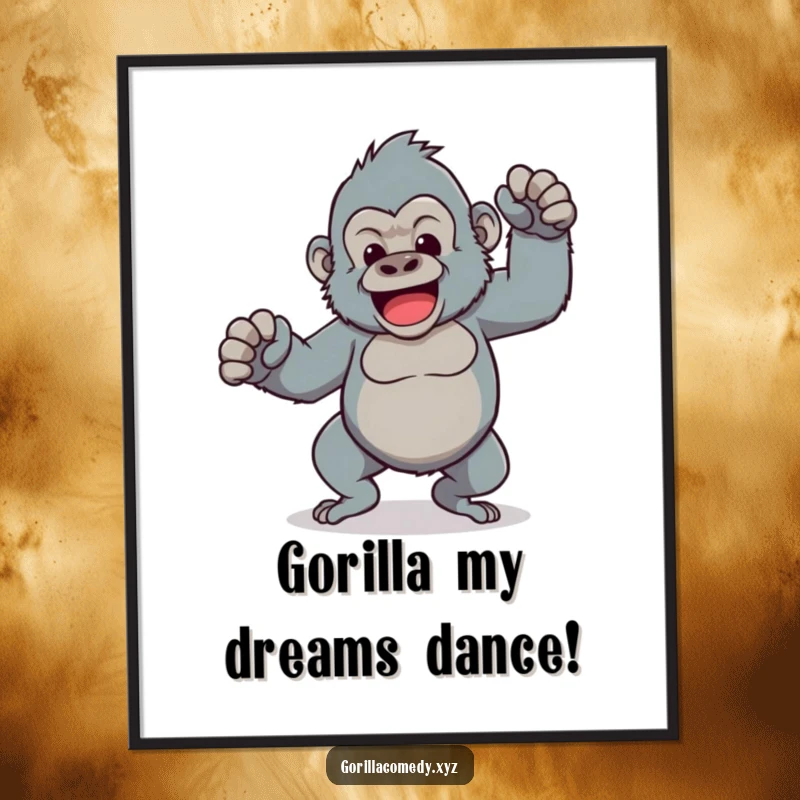 Funny free printable wall art showing a Kawaii gorilla performing a comical dance with hilariously wobbly legs, full of energy.