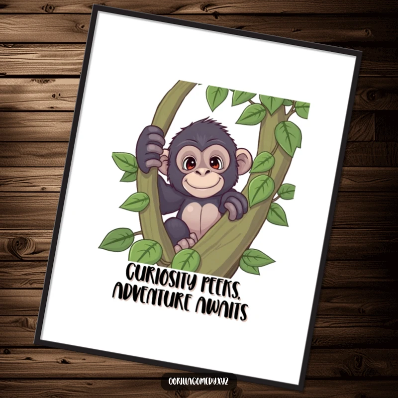Funny Free Printable wall art of a playful gorilla curiously peeking from behind a large vine, perfect for whimsical decor.