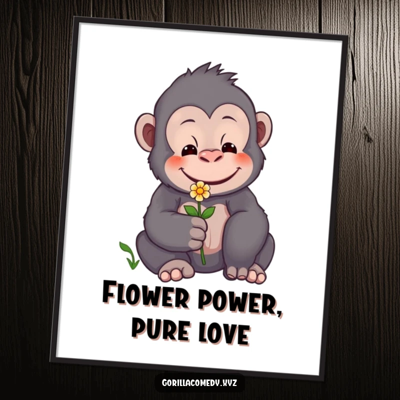 Free Printable Wall Art: A gentle gorilla with a caring smile offers a tiny flower, radiating warmth and peace.