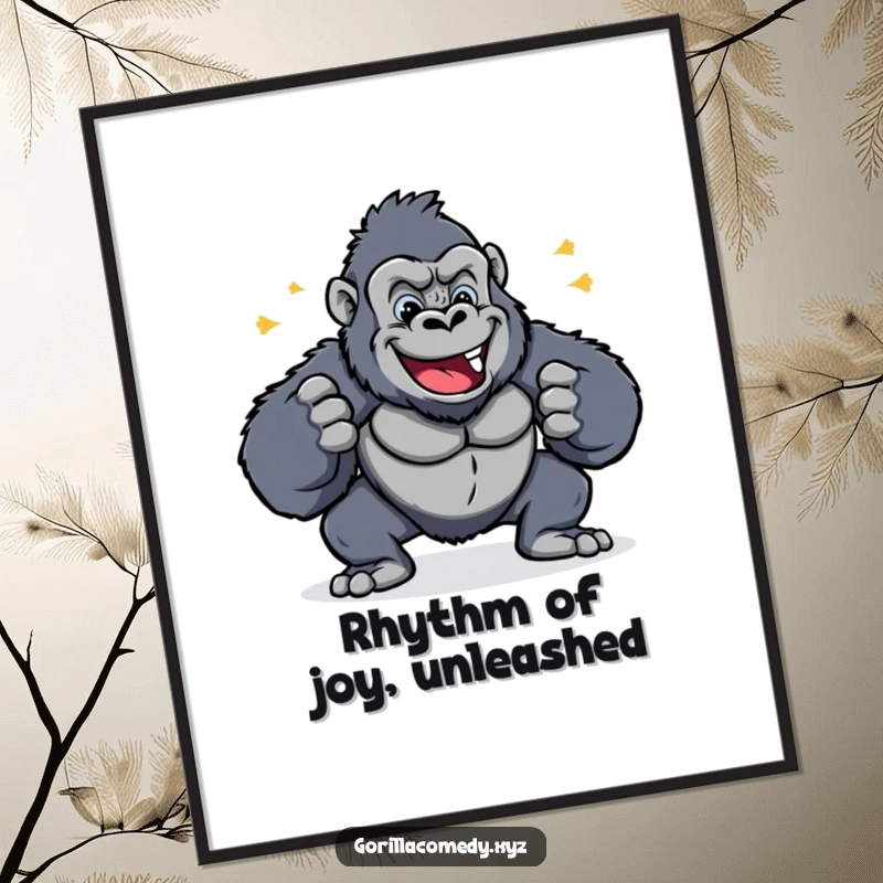 Free Printable Wall Art: A cheerful gorilla pounds its chest, creating a dynamic and rhythmic piece of funny art.
