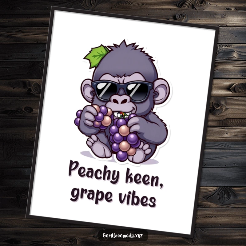 Funny Free Printable Gorilla Wall Art: A gorilla wearing mini sunglasses looks incredibly cool while leisurely eating a bunch of grapes.