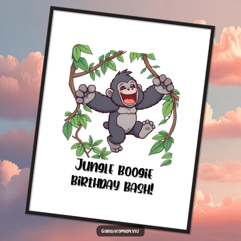 Funny Free Printable Wall Art: Exhilarated Kawaii gorilla mid-leap through lush jungle vines, embodying pure primate joy.
