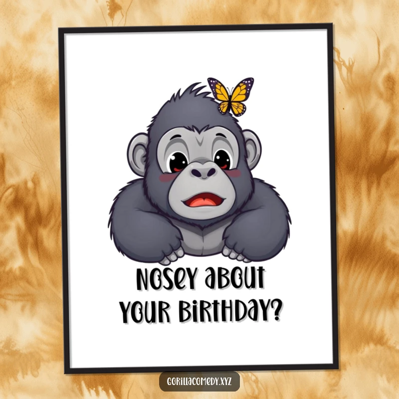 Funny Free Printable Wall Art: Shocked Kawaii gorilla with a delicate butterfly perched on its nose, capturing a moment of wonder.