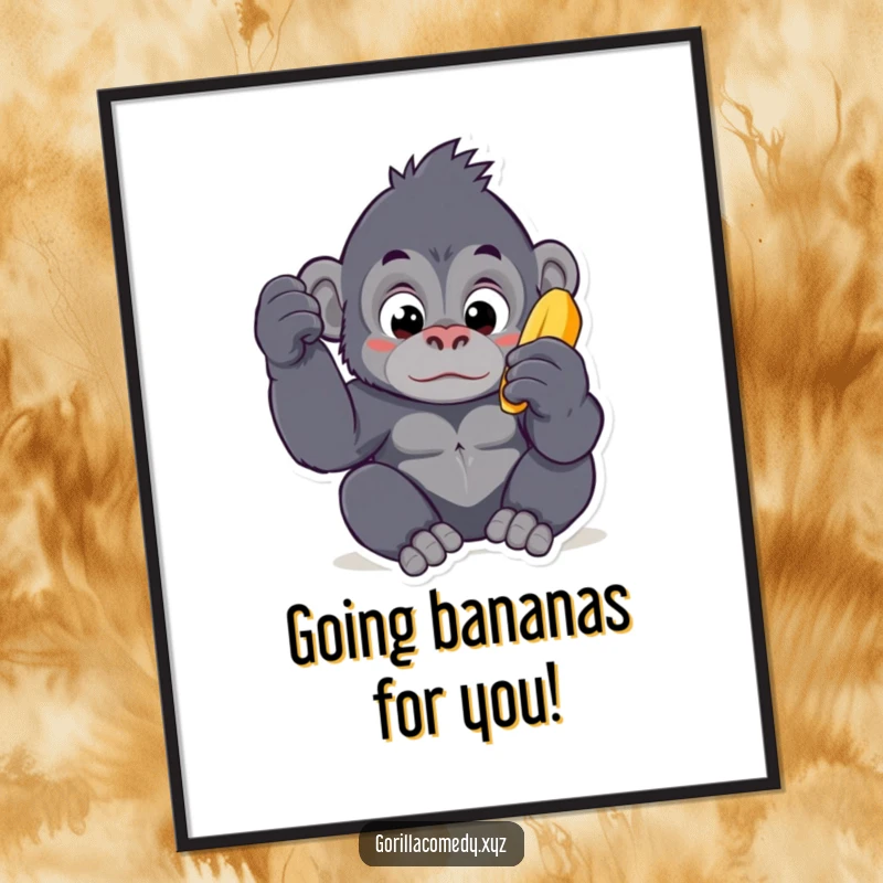 Funny Free Printable Wall Art: Curious Kawaii gorilla with wide eyes intensely examines a ripe banana, bringing jungle vibes home.