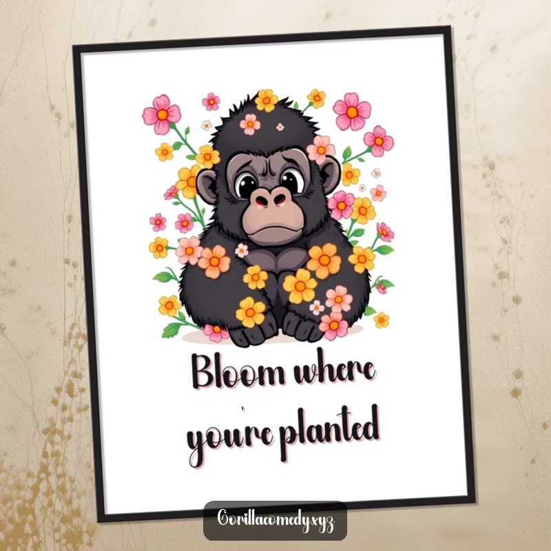 Funny free printable wall art of a surprised gorilla covered in a beautiful shower of colorful flowers.