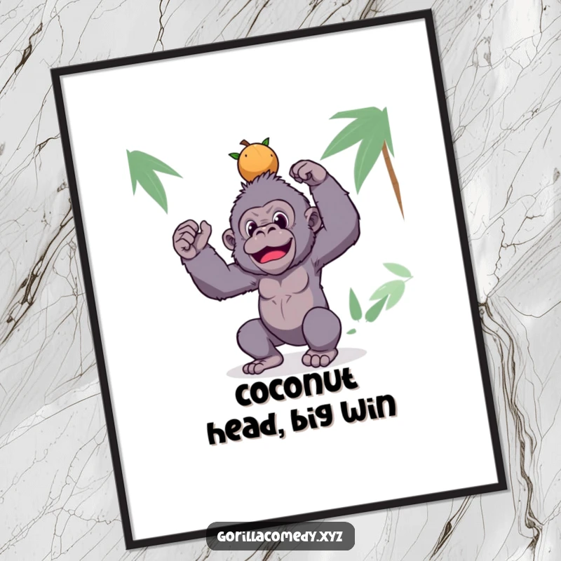 Funny Free Printable Wall Art: A silly gorilla humorously balances a precarious stack of coconuts on its head, creating a comical scene.