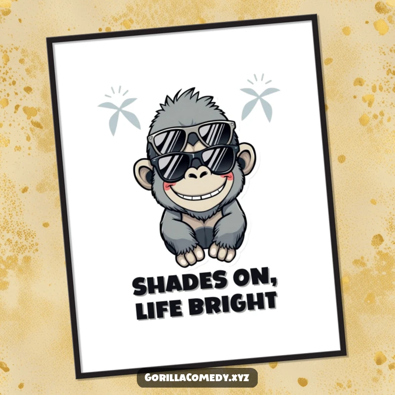 Funny Free Printable Wall Art: A cute Kawaii gorilla wearing trendy sunglasses with a wide, silly grin.