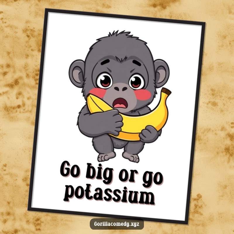 Funny Free Printable Wall Art: Surprised gorilla with wide eyes, barely holding a comically oversized banana, quirky downloadable art.