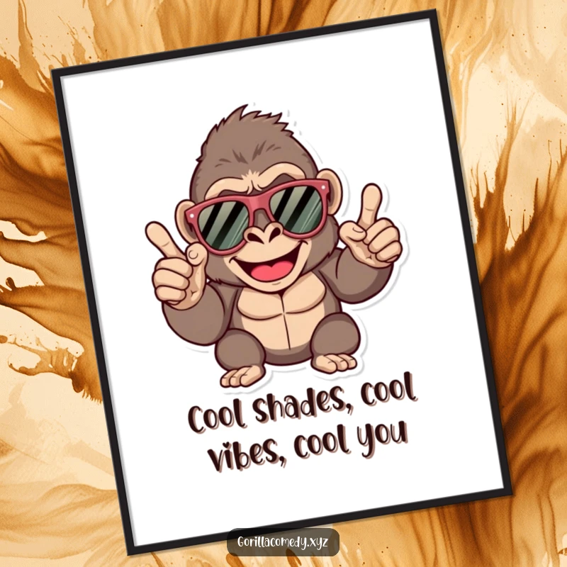 Funny Free Printable Wall Art: Happy gorilla wearing oversized sunglasses, giving a confident finger snap, cool downloadable art.