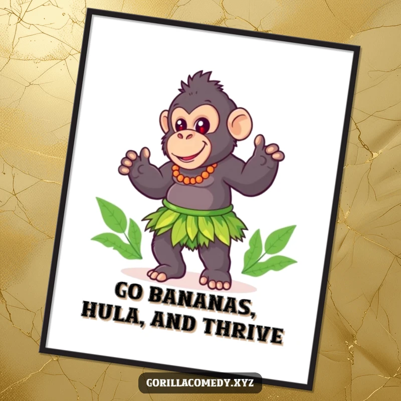 Funny Free Printable Wall Art: Cute gorilla in a tiny grass skirt doing a spirited hula dance, tropical downloadable art.