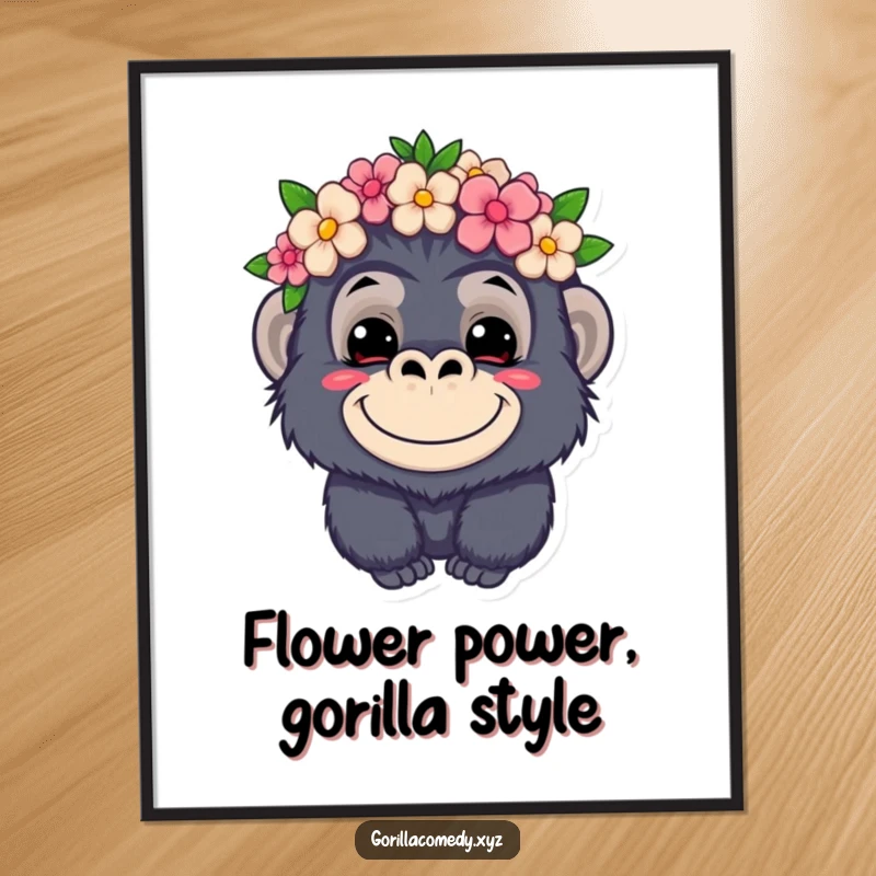 Funny Free Printable Wall Art: A cute kawaii gorilla with a sly, mischievous grin and a flower crown.