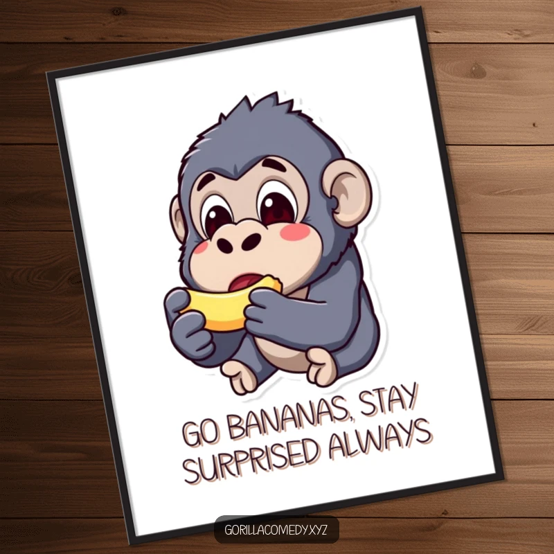 Funny Free Printable Wall Art: A kawaii gorilla with a comically surprised expression devouring a miniature banana.