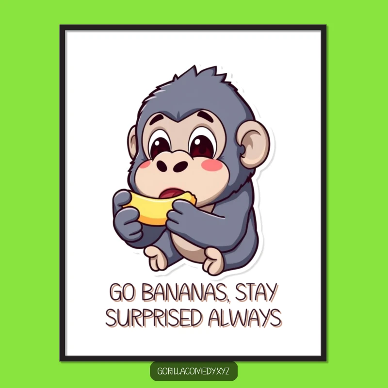 Funny Free Printable Wall Art: Surprised Kawaii Gorilla Eating Banana - Downloadable Decor