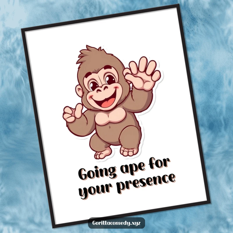 Funny Free Printable Wall Art featuring a joyful gorilla with a huge, friendly wave, perfect for adding humor to decor.