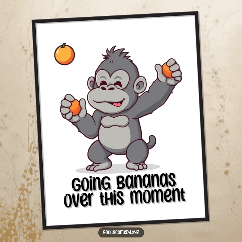Funny Free Printable Wall Art: A mischievous gorilla character is captured mid-air tossing a small piece of fruit playfully.