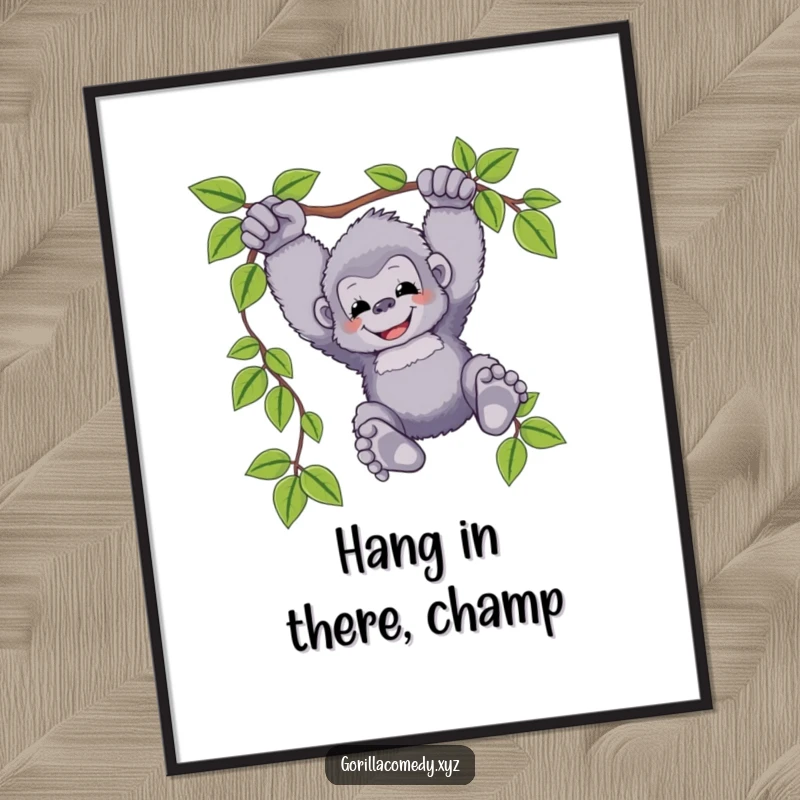 Free Printable Wall Art of a fluffy gorilla happily swinging from a vine, feet dangling, set against a vibrant jungle backdrop.