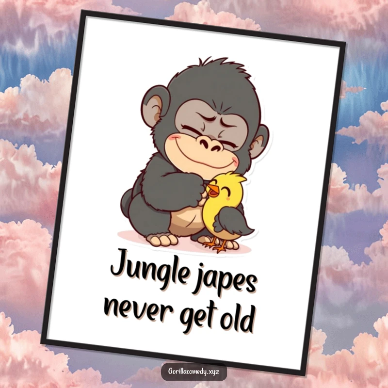 Funny Free Printable Wall Art: Gorilla with a smirk tickling a surprised bird, creating a comical scene.