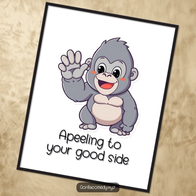 Funny free printable wall art depicting a large, cute Kawaii gorilla giving a warm and friendly wave with its hand.