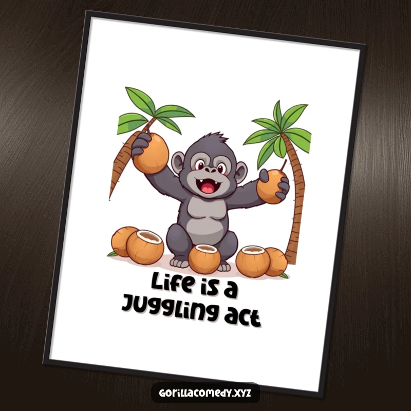 Funny Free Printable Wall Art: A cute Kawaii gorilla attempting to juggle several coconuts with a comical, focused expression.