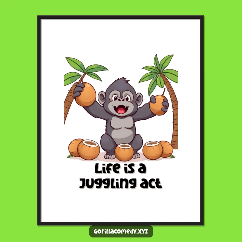 Funny Free Printable Kawaii Gorilla Wall Art - Juggling Coconuts Downloadable Decor