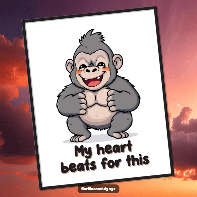 Funny Free Printable Wall Art: Kawaii gorilla character grinning while enthusiastically drumming its chest, adding joyful decor.