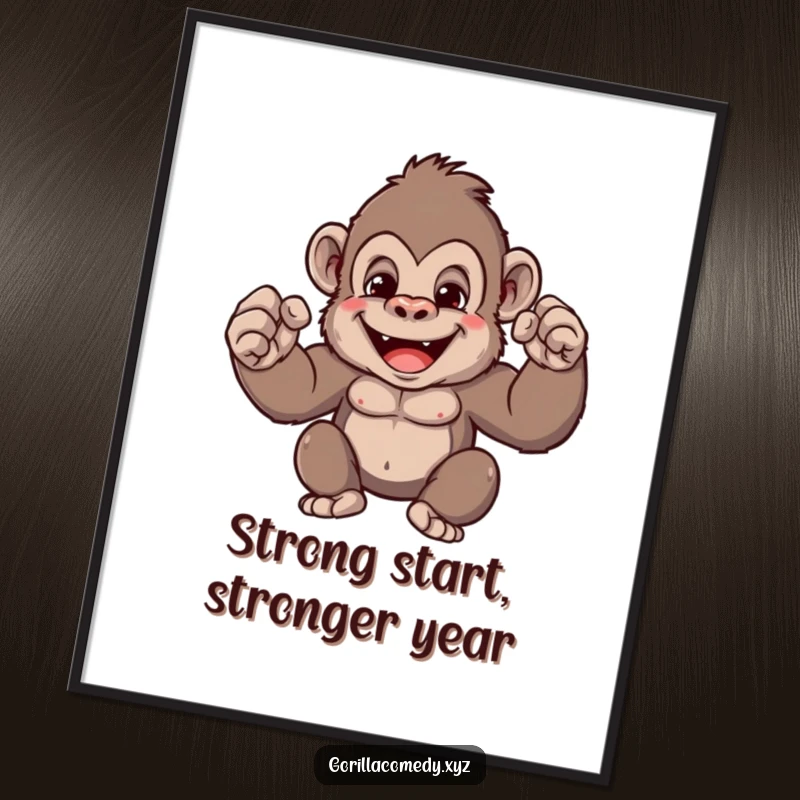 Funny Free Printable Wall Art of a cute gorilla grinning while playfully flexing its comically tiny muscles on a white background.
