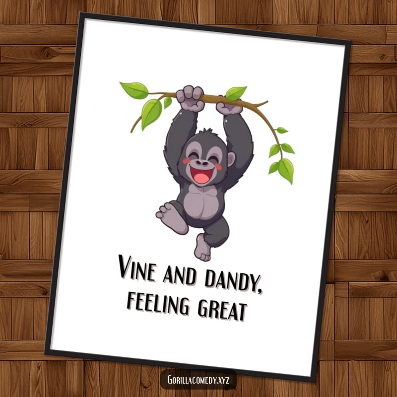 Funny Free Printable Gorilla Wall Art: A joyful gorilla is captured mid-swing on a vine, letting out a triumphant celebratory yell.