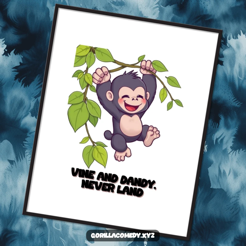 Funny Free Printable Wall Art: A happy kawaii gorilla swinging with pure delight from a thick jungle vine.