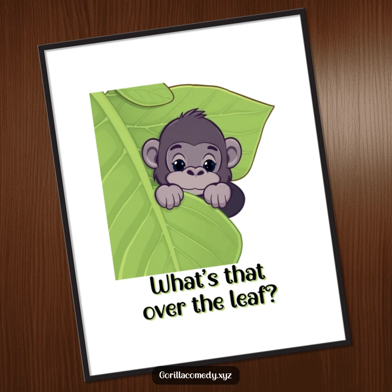 Funny Free Printable Wall Art: A curious gorilla with wide eyes peeks intriguingly over the edge of a large green leaf.
