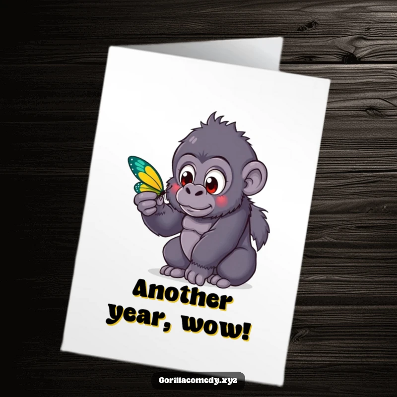 Funny Free Printable Birthday Card: Cute kawaii gorilla with wide eyes curiously observing a vibrant, colorful butterfly in nature.