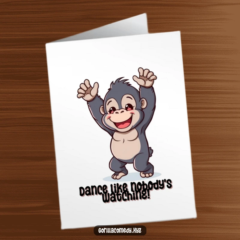 Funny Free Printable Birthday Card: A happy kawaii gorilla in mid-dance, limbs flailing joyfully, celebrating a birthday.